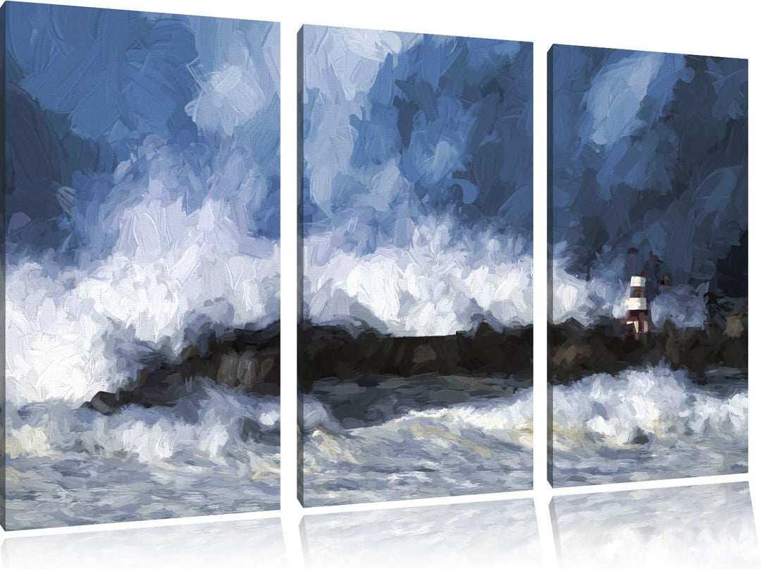 Pixxprint Tobendes Meer mit Leuchtturm als Leinwandbild | Grösse: 3 Teilig (120x80) | Wandbild| Kuns
