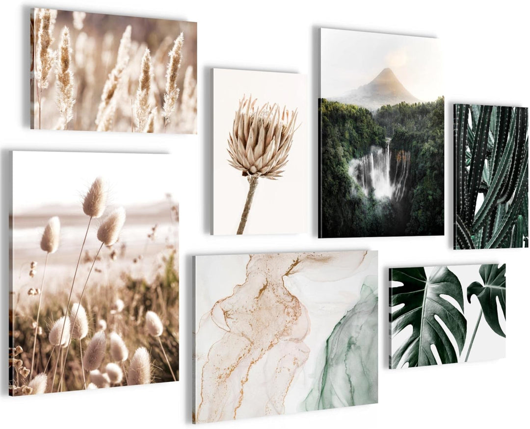 Novart Wandbilder Boho Natur - KOMPLETT AUFHÄNGFERTIG - Beige Grün Wohnzimmer Schlafzimmer- 7 Modern