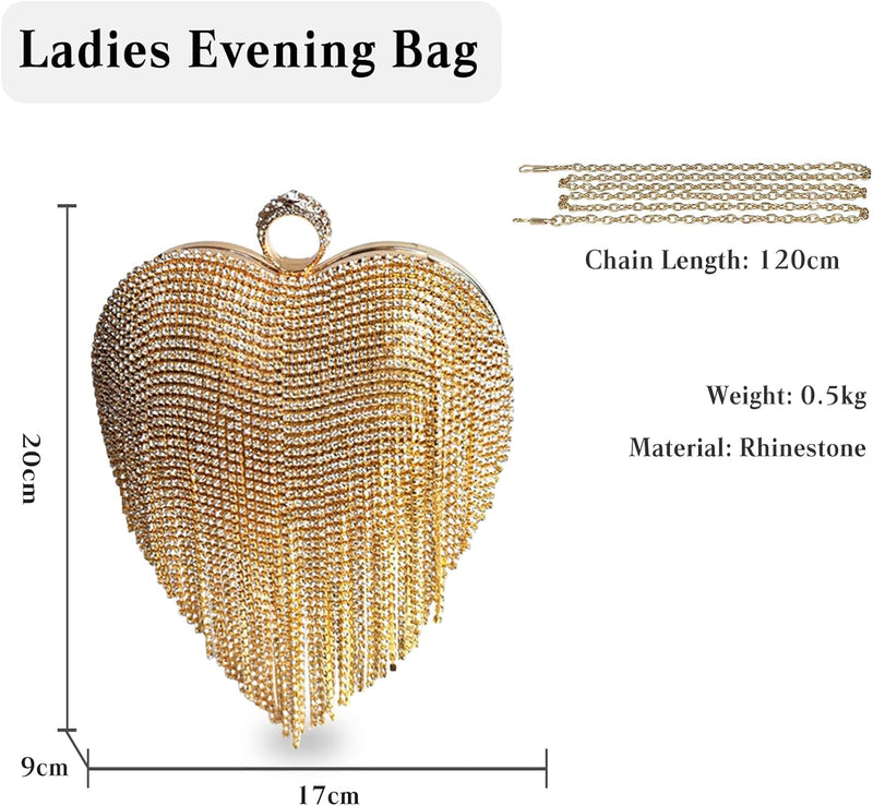 CORIOS Herzform Abendtasche Damen Strass Fransen Clutch Tasche Klein Tasche Abnehmbarer Kette Handta