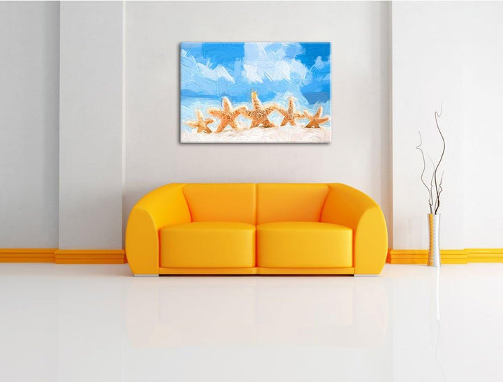 Seesterne am Strand im Gemälde Format: 120x80 auf Leinwand, XXL riesige Bilder fertig gerahmt mit Ke