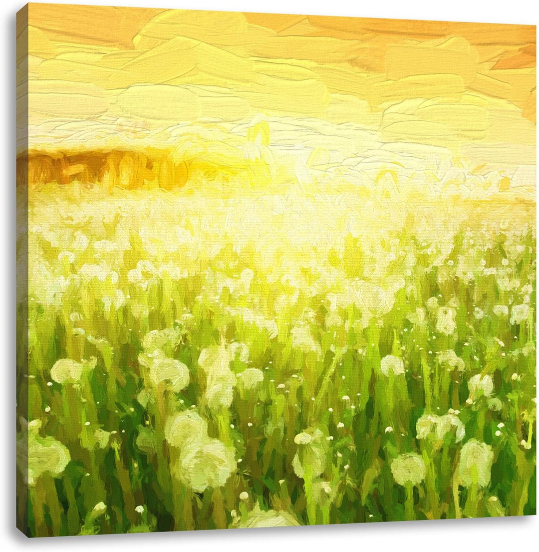 Pixxprint Pusteblumenwiese bei Sonnenuntergang Pinsel Effekt, Format: 70x70 auf Leinwand, 70x70