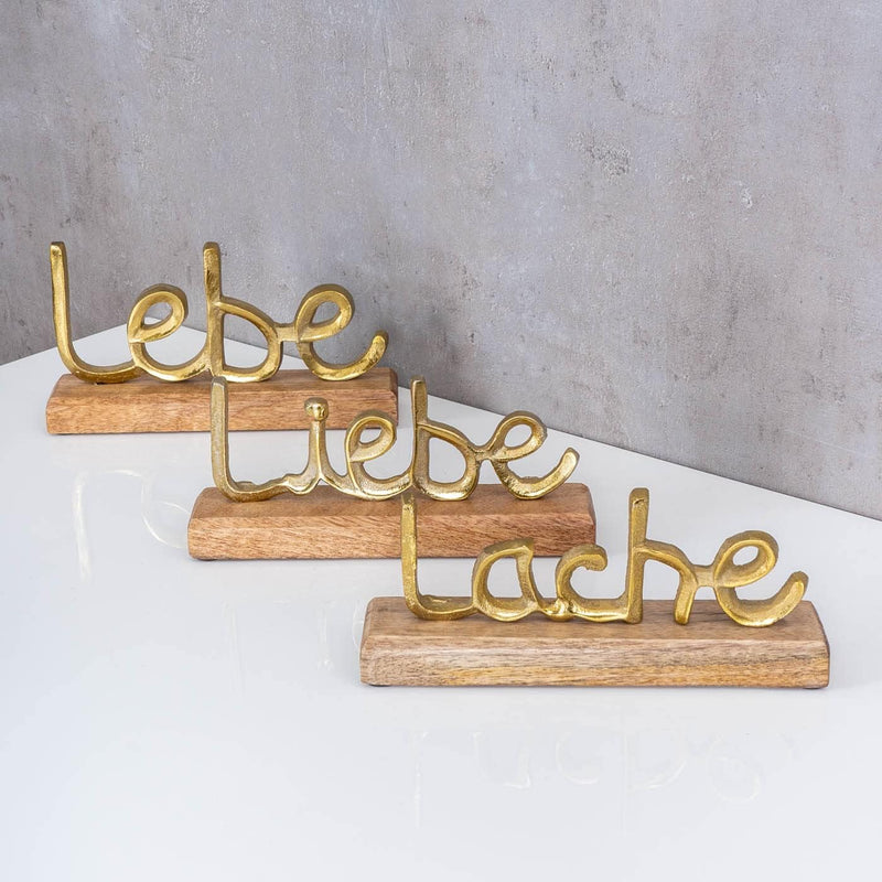 levandeo 3er Set Schriftzug Lache Liebe Lebe L22cm Metall Gold Mango Holz Deko Aufsteller Tischdeko