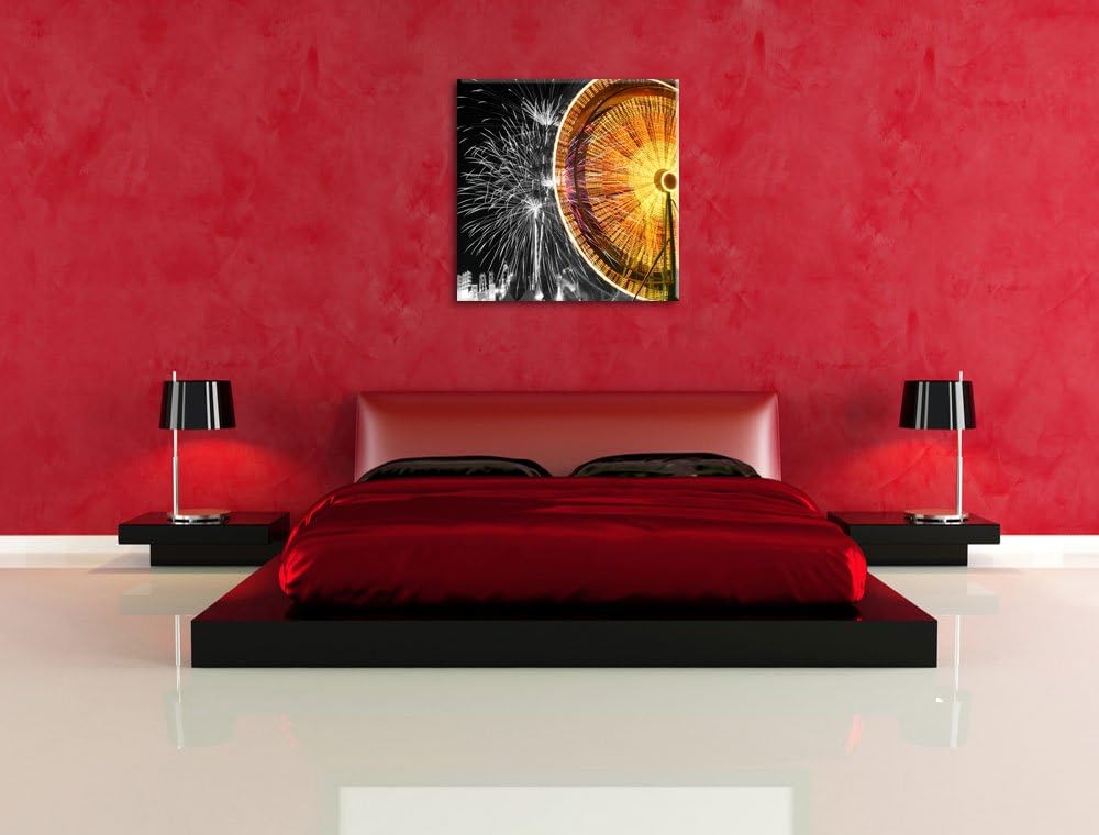 Pixxprint Jahrmarkt mit Feuerwerk / 70x70cm Leinwandbild bespannt auf Holzrahmen/Wandbild Kunstdruck