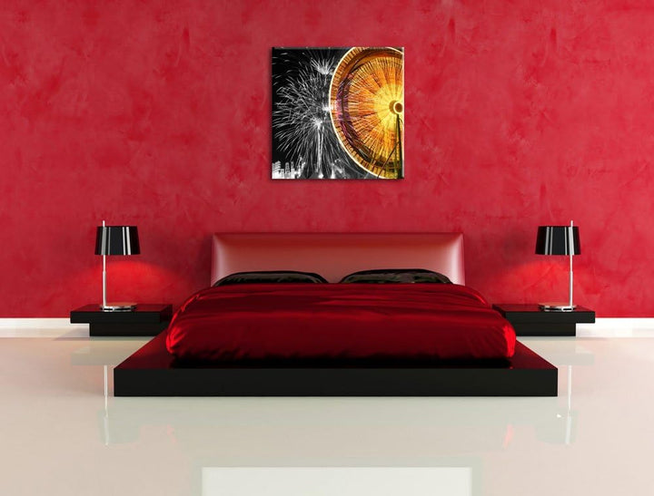 Pixxprint Jahrmarkt mit Feuerwerk / 70x70cm Leinwandbild bespannt auf Holzrahmen/Wandbild Kunstdruck