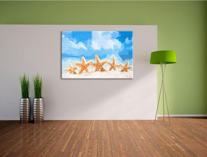 Seesterne am Strand im Gemälde Format: 120x80 auf Leinwand, XXL riesige Bilder fertig gerahmt mit Ke