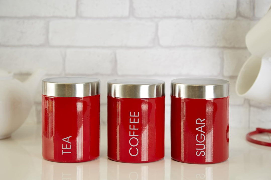 Premier Housewares Tea, Coffee and Sugar Set, Red Enamel, Satin Rostfreier Stahl Lids Liberty Behält