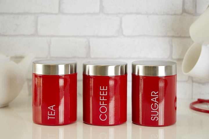 Premier Housewares Tea, Coffee and Sugar Set, Red Enamel, Satin Rostfreier Stahl Lids Liberty Behält