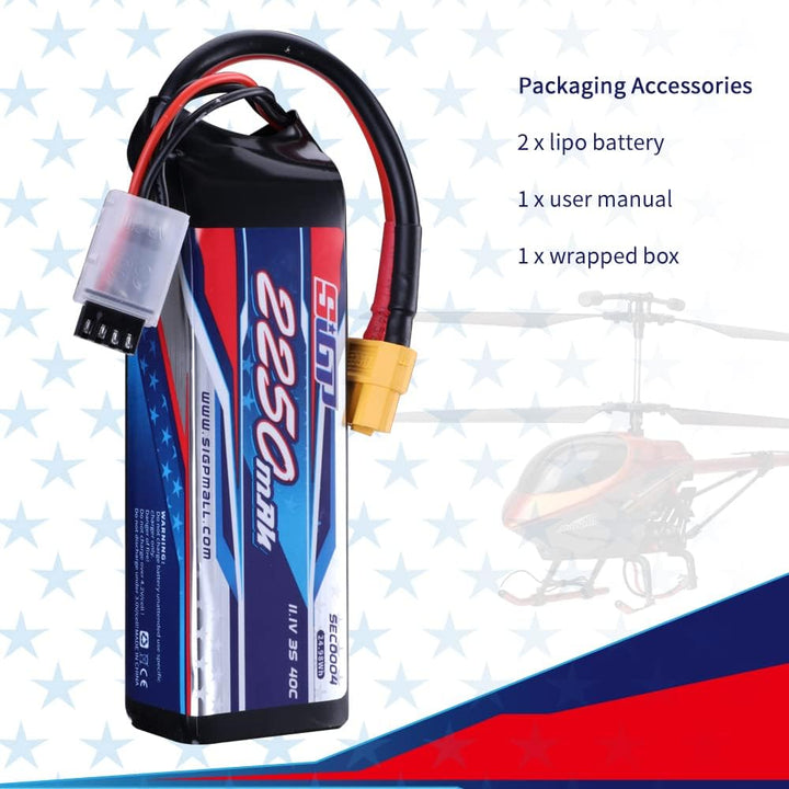 SIGP 2 Stück 11,1V 3S Lipo Akku 2250mAh 40C Soft Pack mit XT60 Stecker für RC Flugzeug Quadcopter He
