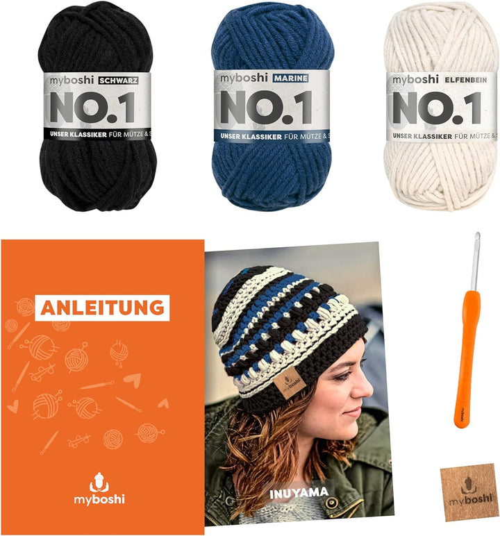 myboshi Häkelset Mütze Inuyama, inkl. No.1 Wolle, Nadel und Anleitung, für Mützen und Schals, Häkelp
