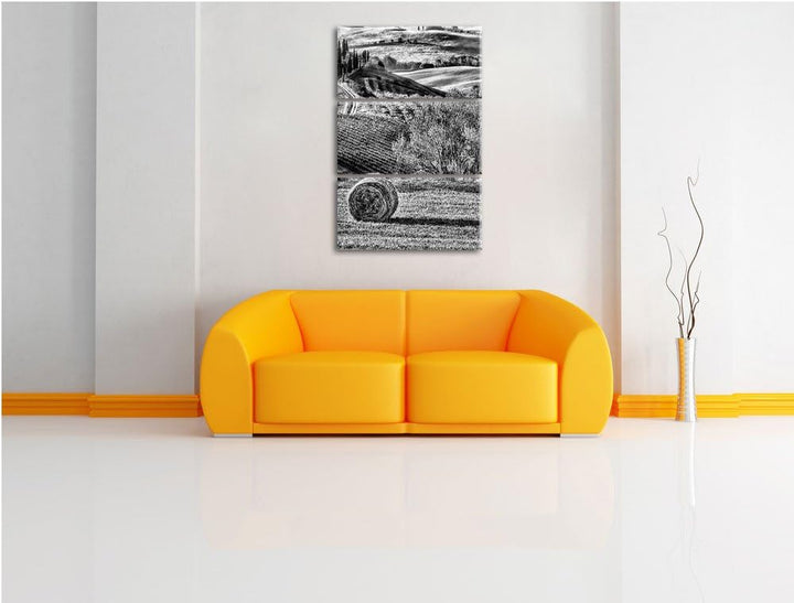 Pixxprint Monocrome, Italienische Toskana Landschaft 3-Teiler Leinwandbild 120x80 Bild auf Leinwand