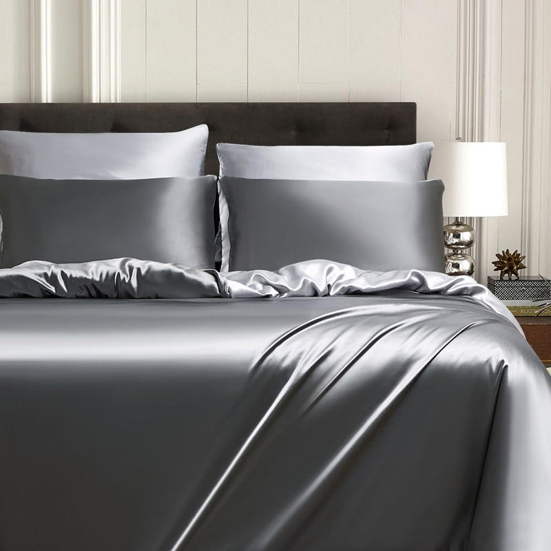 Bettwäsche Satin 220x240 Grau Hellgrau Glanzsatin Seide Glatt Kühlende Wendebettwäsche Glänzend Somm