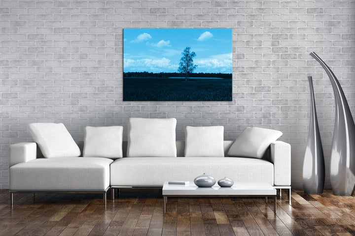 deyoli Wiese am Waldrand Format 80x60 Effekt: Monocrome Blau als Leinwandbild, Motiv fertig gerahmt