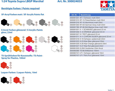 TAMIYA 24033 1:24 Toyota Supra LBGP Marshal, originalgetreue Nachbildung, Modellbau, Plastik Bausatz