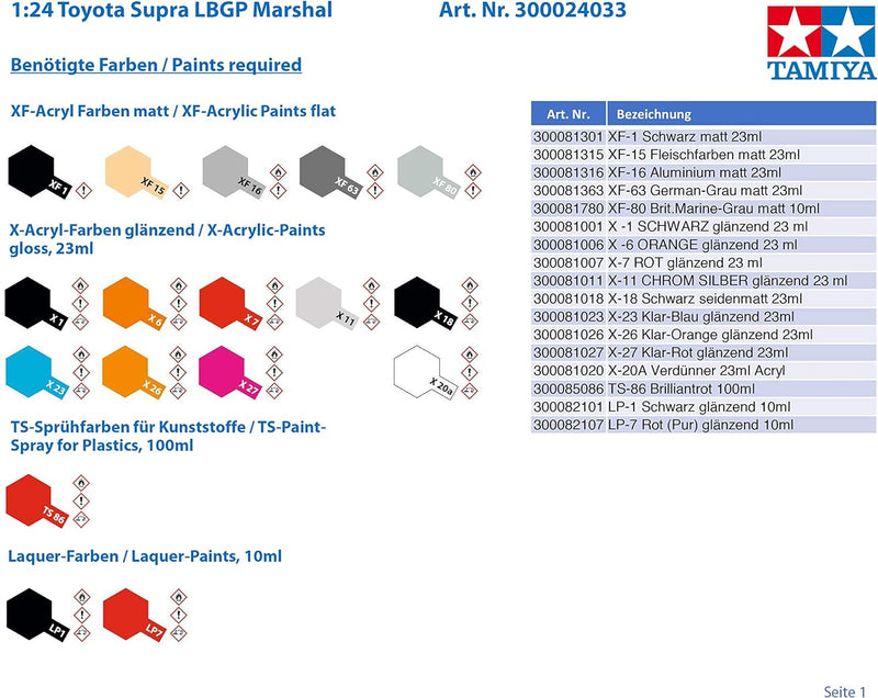 TAMIYA 24033 1:24 Toyota Supra LBGP Marshal, originalgetreue Nachbildung, Modellbau, Plastik Bausatz