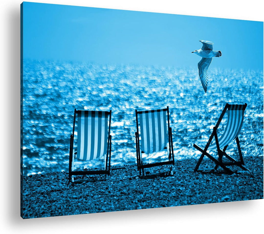 deyoli drei Liegestühle am Strand Format 80x60 Effekt: Monocrome Blau als Leinwandbild, Motiv fertig