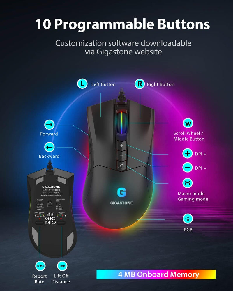 Gigastone Gaming-Maus 16.000 DPI, Kabelgebundene Gaming-Maus Mit Anpassbarer RGB-Hintergrundbeleucht