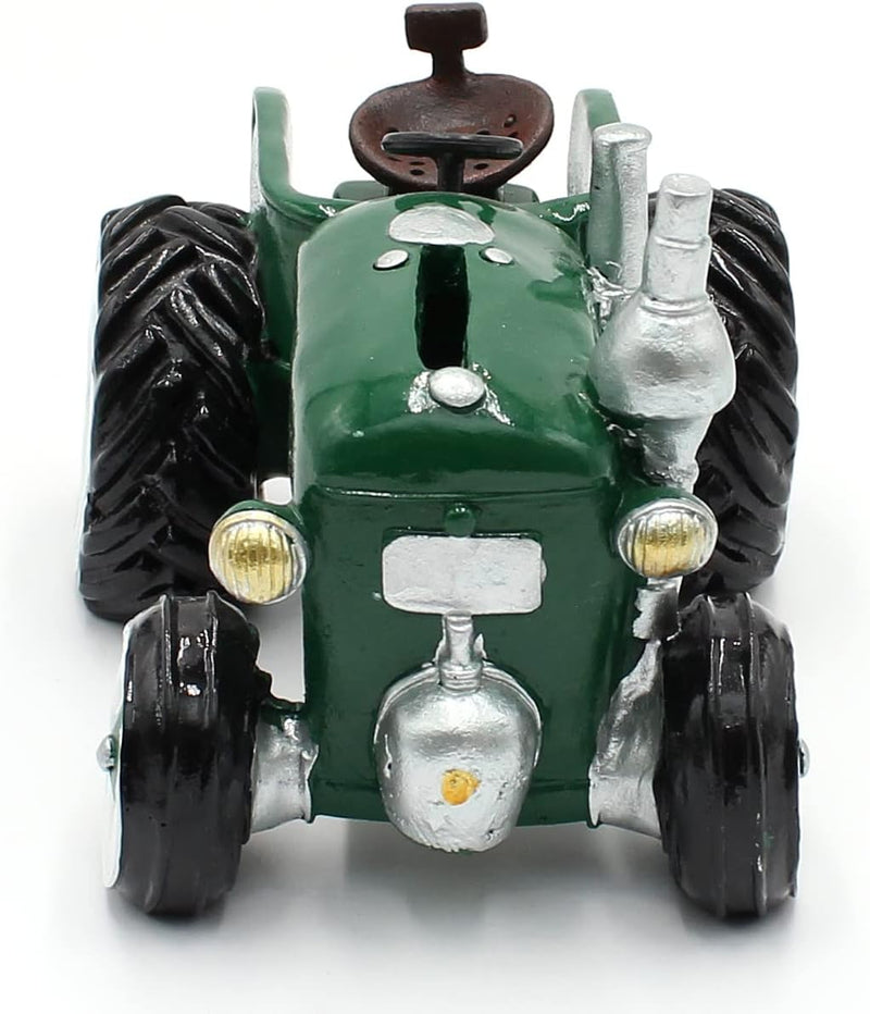 Dekohelden24 Spardose als Traktor aus Poly - Sparauto - Sparbüchse in grün mit Gummiverschluss, Grös