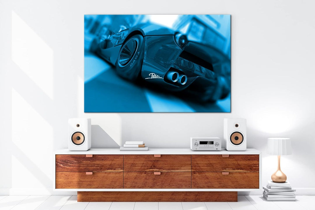 deyoli eleganter roter Sportwagen Format 80x60 Effekt: Monocrome Blau als Leinwandbild, Motiv fertig