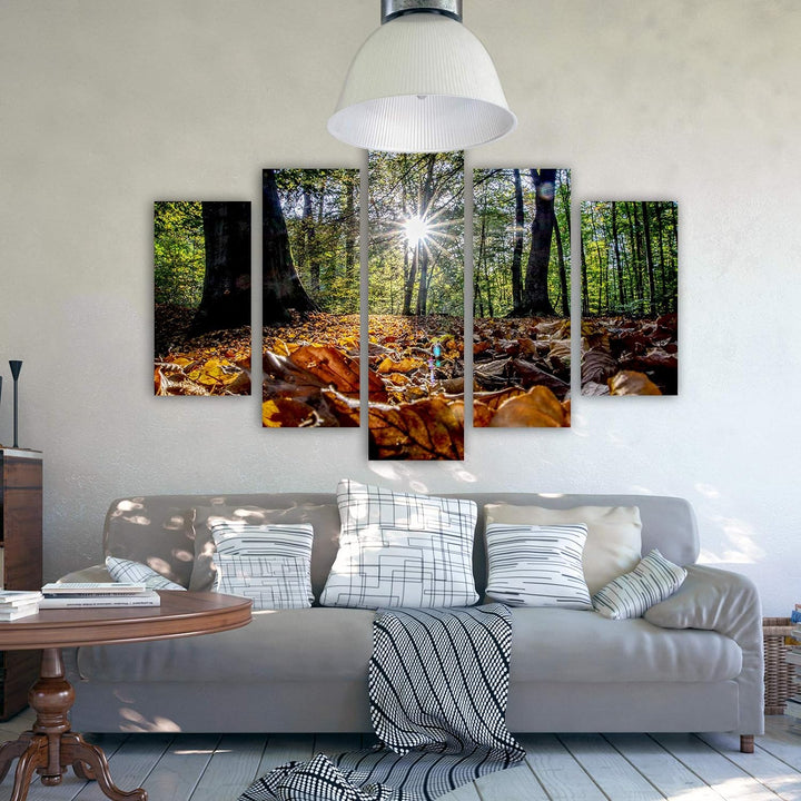 Feeby Bild auf Leinwand Blätter 5 Teilig Modern Bäume Sonne Landschaft orange 150x100 cm Leinwandbil