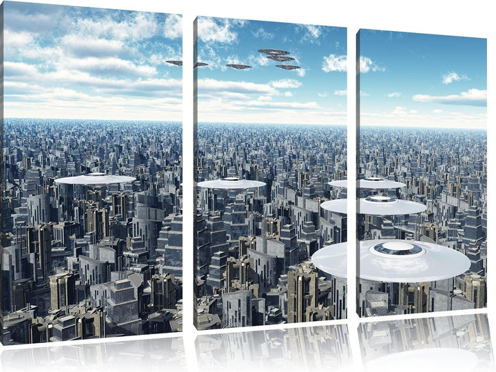 Pixxprint UFO´s über der Stadt als Leinwandbild/Grösse: 3Teilig / Wandbild/Kunstdruck/fertig bespann