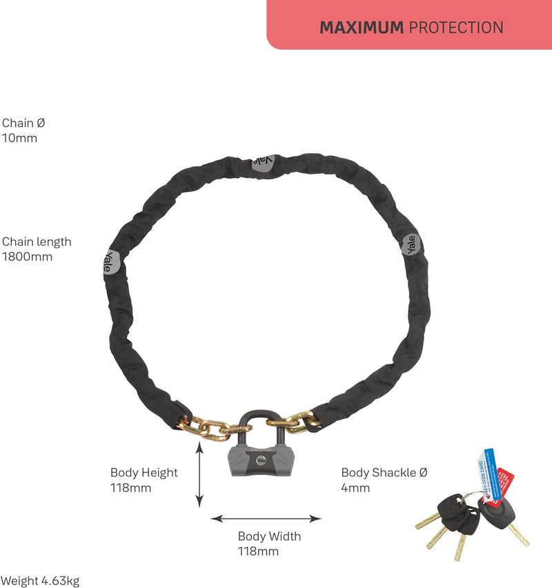 Yale Max Security Sicherheitskette & Schloss 1800 mm - YCL3/10/180/1 - mit Titanium verstärkt - 4 Sc