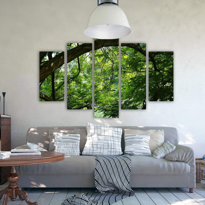 Feeby Wandbild XXL 5 Teilig Landschaft Leinwandbild Wald Bäume Blätter grün 300x140 cm Leinwandbild