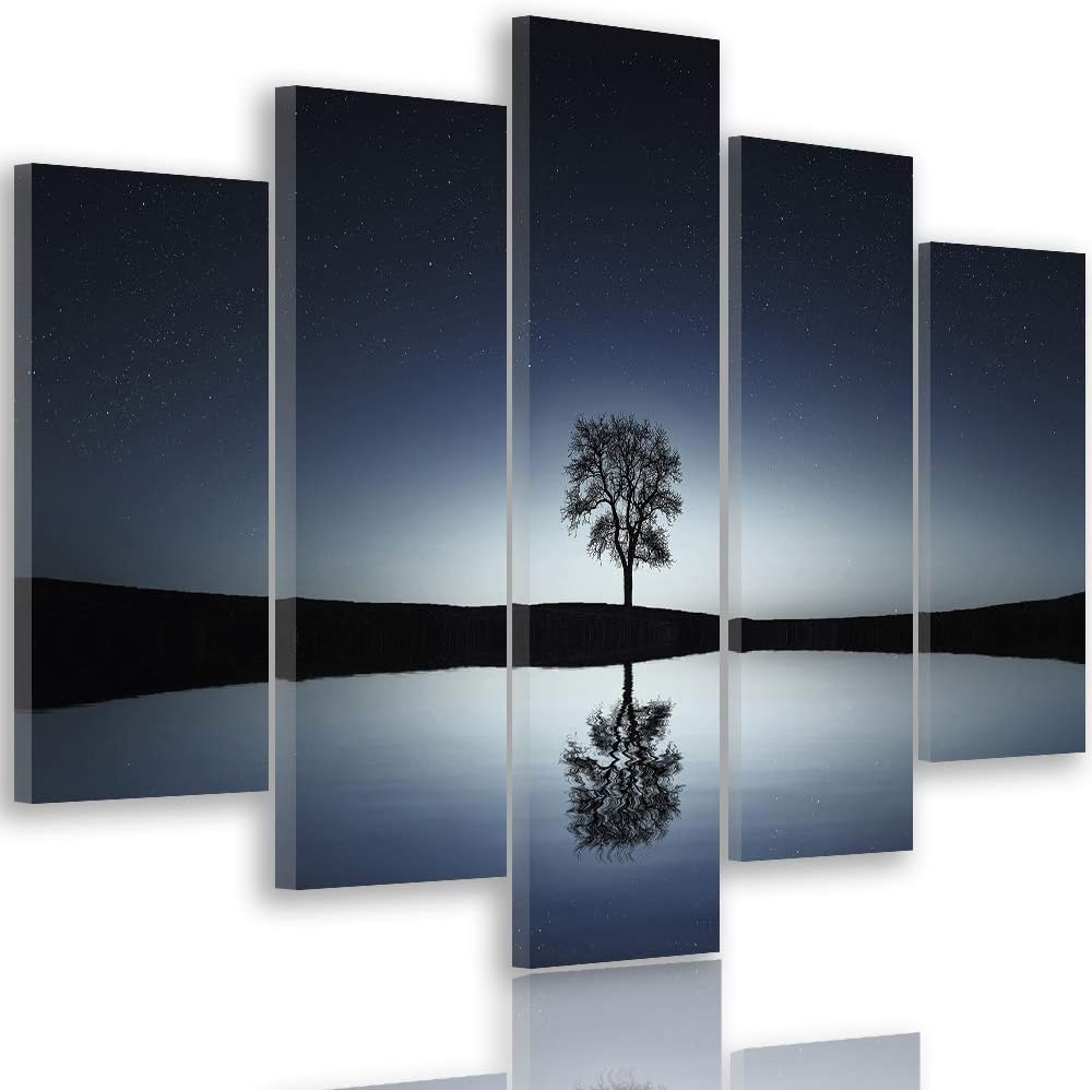 Feeby Bilder Abstrakt 100x70 cm - Leinwandbild - 5 Teilig - Kunstdruck Baum Wasser blau Leinwandbild