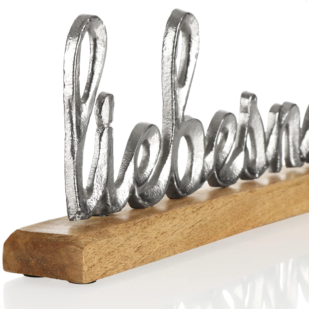 com-four® Deko Aufsteller liebesnest - Schriftzug aus Metall im Kreis aus Mangoholz - Deko-Schriftzu