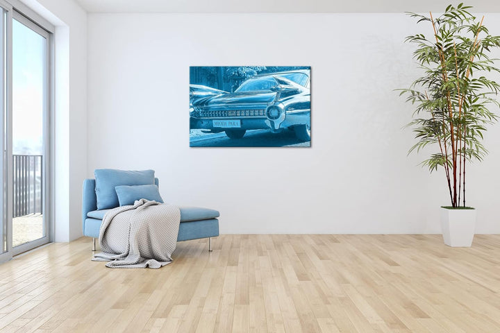 deyoli Amerikanischer Oldtimer Format 80x60 Effekt: Monocrome Blau als Leinwandbild, Motiv fertig ge