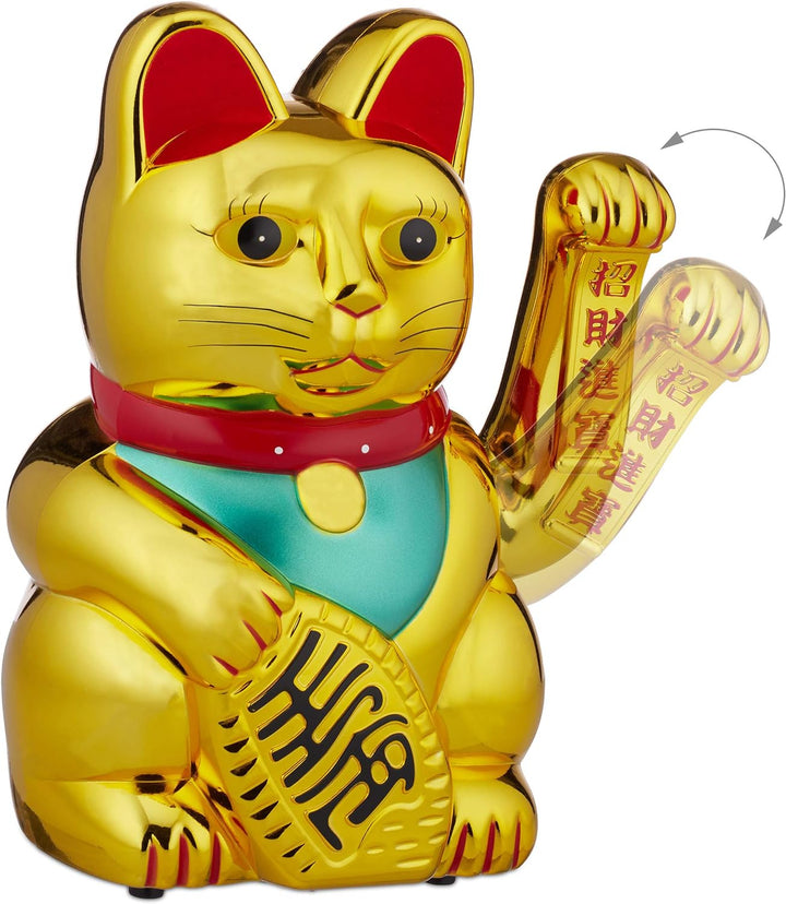 Relaxdays Winkekatze, Gold XXL Maneki Neko, batteriebetriebene winkende Pfote, Glücksbringer für Rei