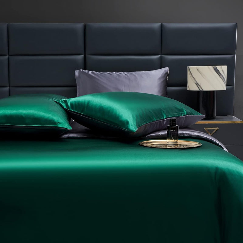 Bettwäsche Glänzend 200x200 Satin Grün Dunkelgrün Satin Glatt Bettwäsche Set Uni Seide Luxus Muster