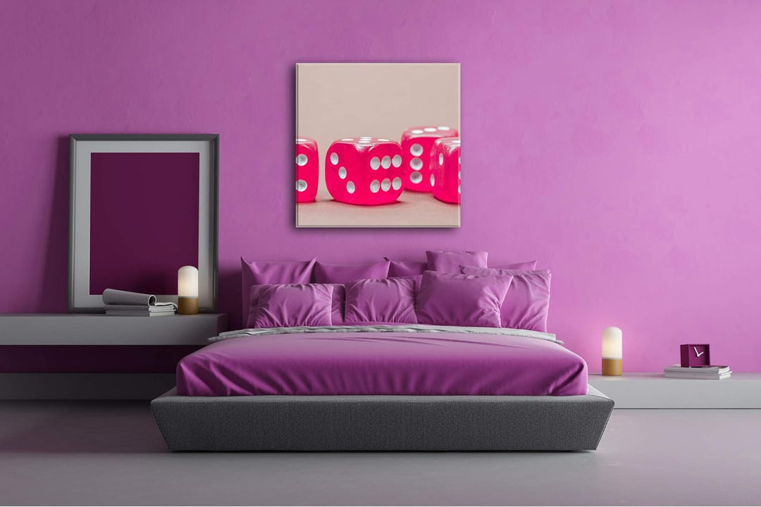 deyoli quadratische Pinke Spielwürfel im Format: 60x60 als Leinwandbild, Motiv fertig gerahmt auf Ec
