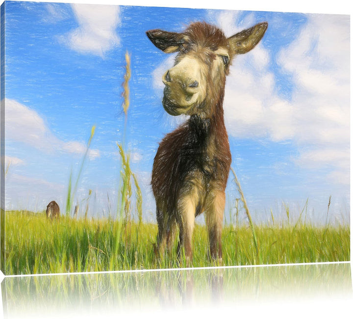 Pixxprint Esel im Feld als Leinwandbild/Grösse: 100x70 / Wandbild/Kunstdruck/fertig bespannt, 100x70