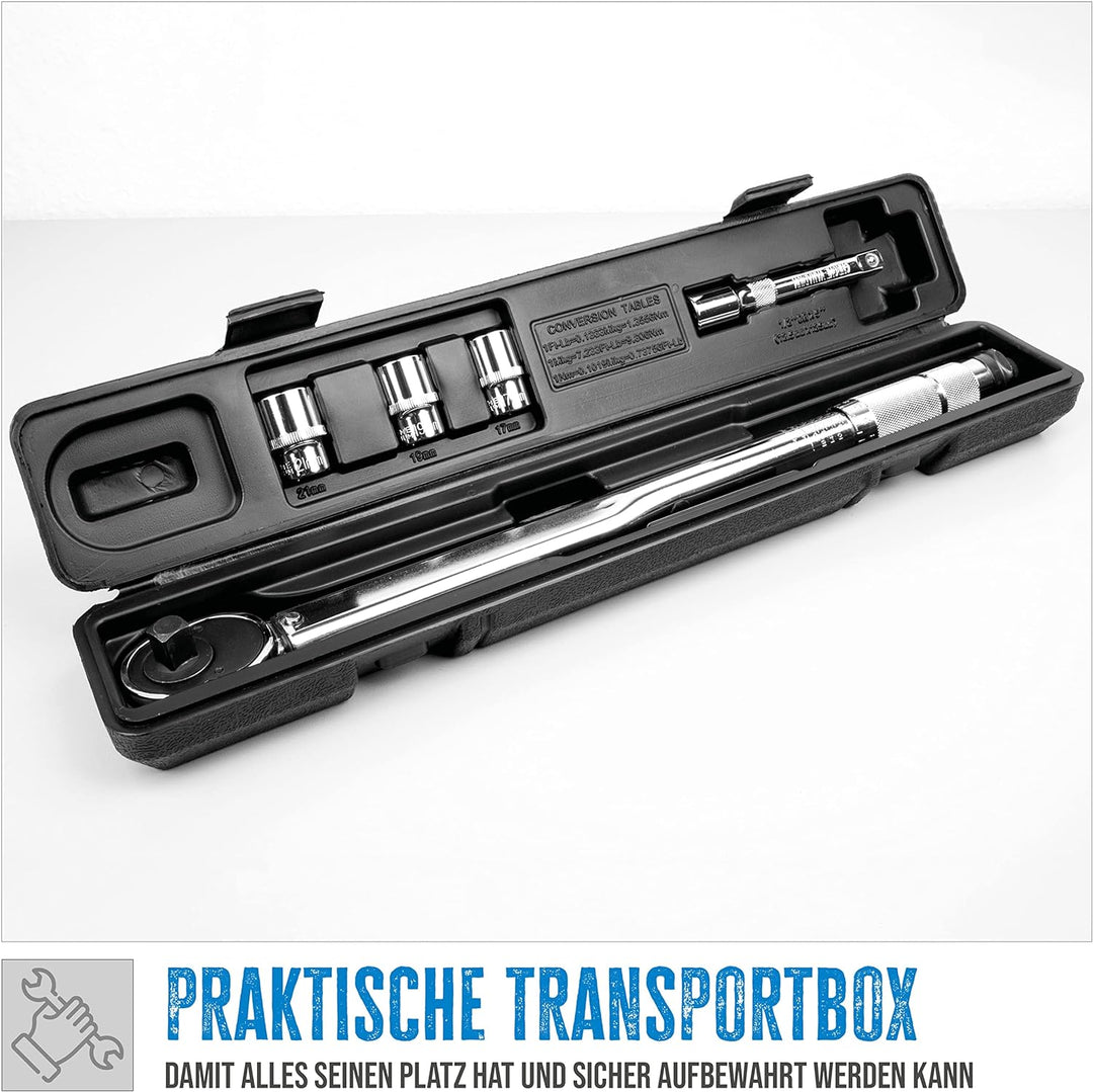 Güde Drehmomentschlüssel-Set (5-teilig), 1/2" mit 3 Steckschlüsseleinsätzen und Verlängerung, Einste