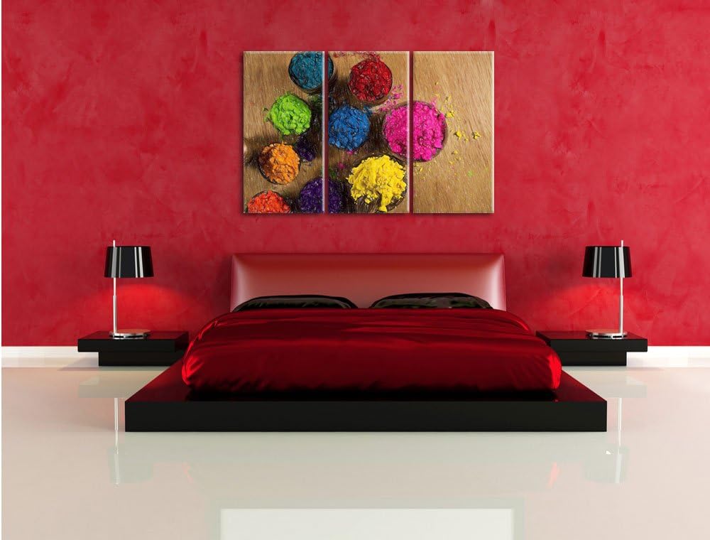 Pixxprint Indisches Farbpulver / 3-Teilig/Gesamtmass 120cm Leinwandbild bespannt auf Holzrahmen/Wand