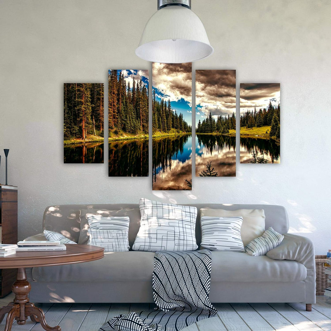 Bilder Landschaft 250x120 cm - Leinwandbild 5 Teilig XXL Kunstdruck See Wald blau Leinwandbild XXL 2