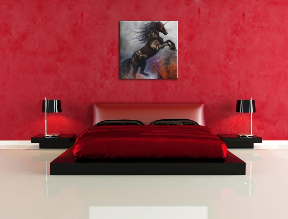 Pixxprint Traumhaftes schwarzes Einhorn Schwarz/Weiss, Format: 70x70 auf Leinwand, 70x70