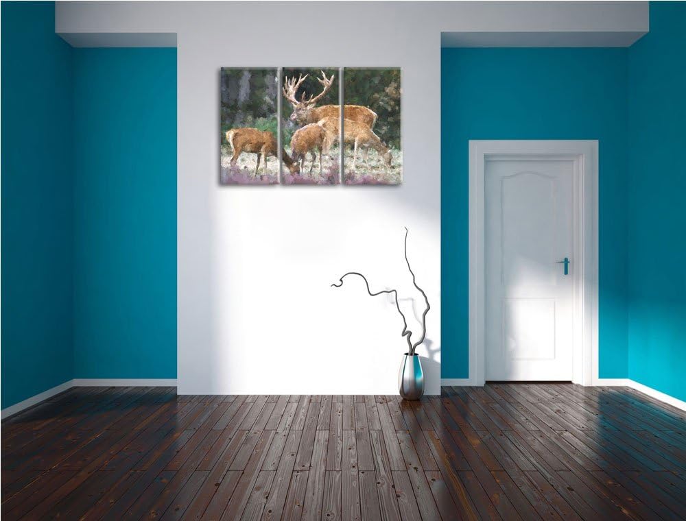 Hirschfamilie auf Waldlichtung NewArt 3-Teiler Leinwandbild 120x80 Bild auf Leinwand, XXL riesige Bi