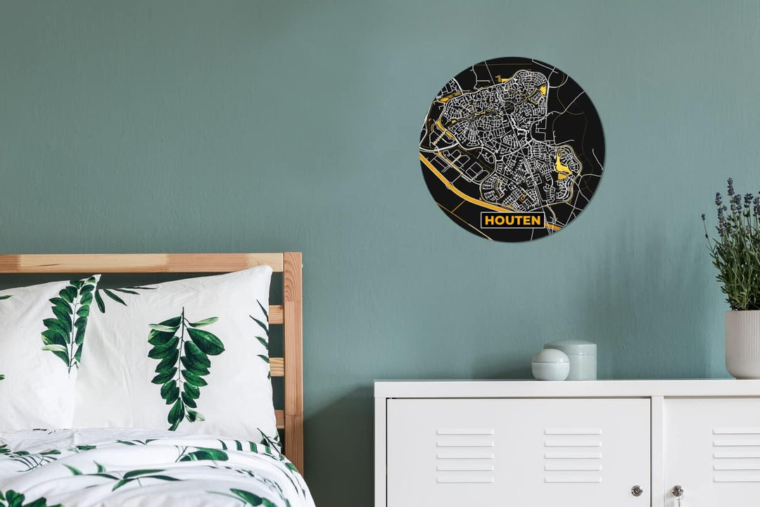 MuchoWow Wandbild Rund Wanddeko Deko Wohnzimmer Bilder 30x30 cm Houten - Schwarz und Gold - Stadtpla
