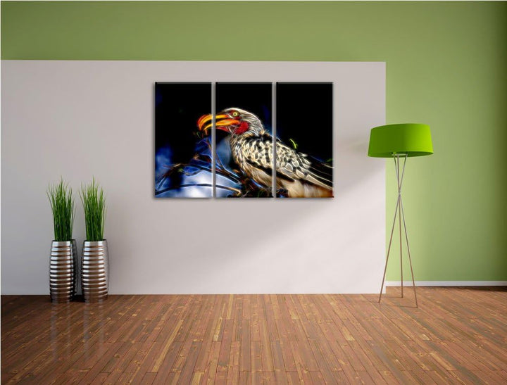 Dark exotischer Gelbschnabeltoko NewArt 3-Teiler Leinwandbild 120x80 Bild auf Leinwand, XXL riesige