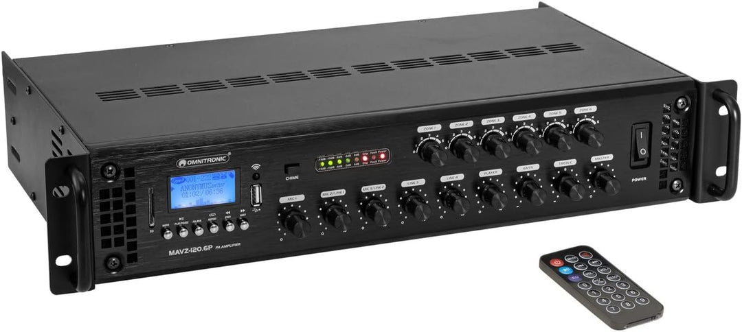 OMNITRONIC MAVZ-120.6P ELA-Mischverstärker | 6-Zonen-ELA-Mono-Mischverstärker, MP3-Player & IR-FB, Z