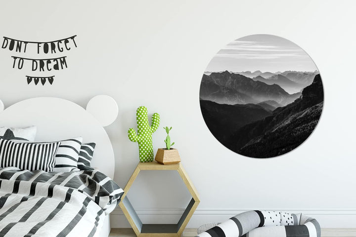 MuchoWow Wandbild Rund Wanddeko Deko Wohnzimmer Bilder 90x90 cm Berge - Natur - Nebel, 90x90 cm
