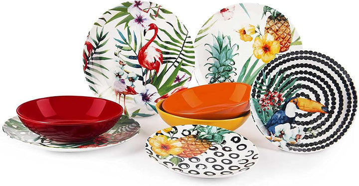 Excelsa Tropical Chic Teller-Set, 18 Stück, Porzellan, mehrfarbig Single, Single