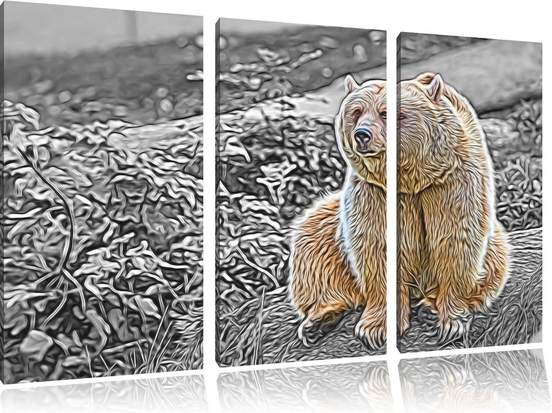 niedlicher Grizzly auf Stein schwarz/weiss Deluxe 3-Teiler Leinwandbild 120x80 Bild auf Leinwand, XX