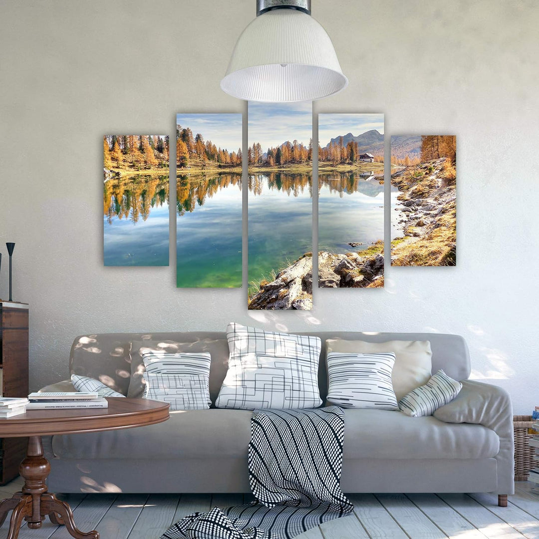 Bilder Landschaft 200x100 cm - Leinwandbild 5 Teilig XXL Kunstdruck See Wald braun Leinwandbild XXL