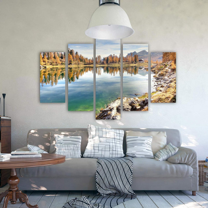 Bilder Landschaft 200x100 cm - Leinwandbild 5 Teilig XXL Kunstdruck See Wald braun Leinwandbild XXL