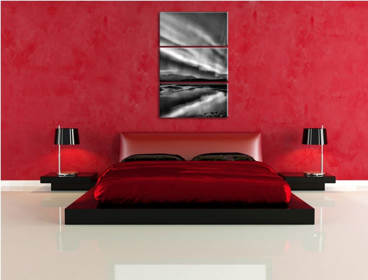 Pixxprint Monocrome, Polarlichter in Skandinavien 3-Teiler Leinwandbild 120x80 Bild auf Leinwand
