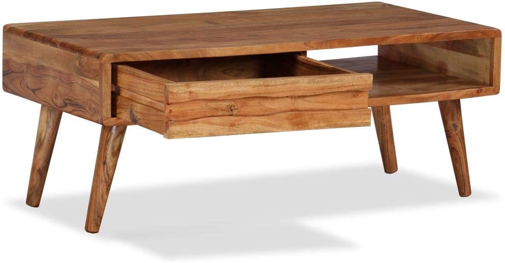 Tidyard Kaffeetisch Couchtisch aus Massivholz mit 1 Geschnitzte Schublade, 100 x 50 x 40 cm (L x B x