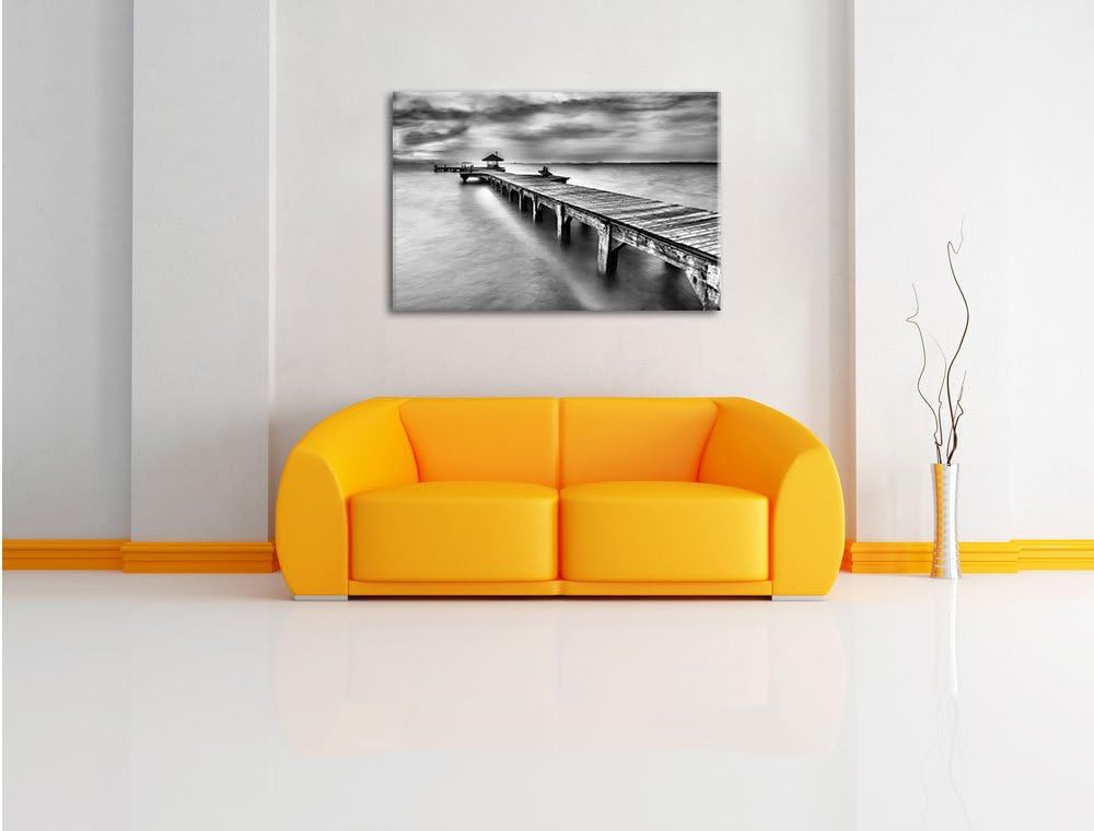 Pixxprint Monocrome, Riesiger Steg mit kleinem Pavillon, Format: 100x70 auf Leinwand, 100x70