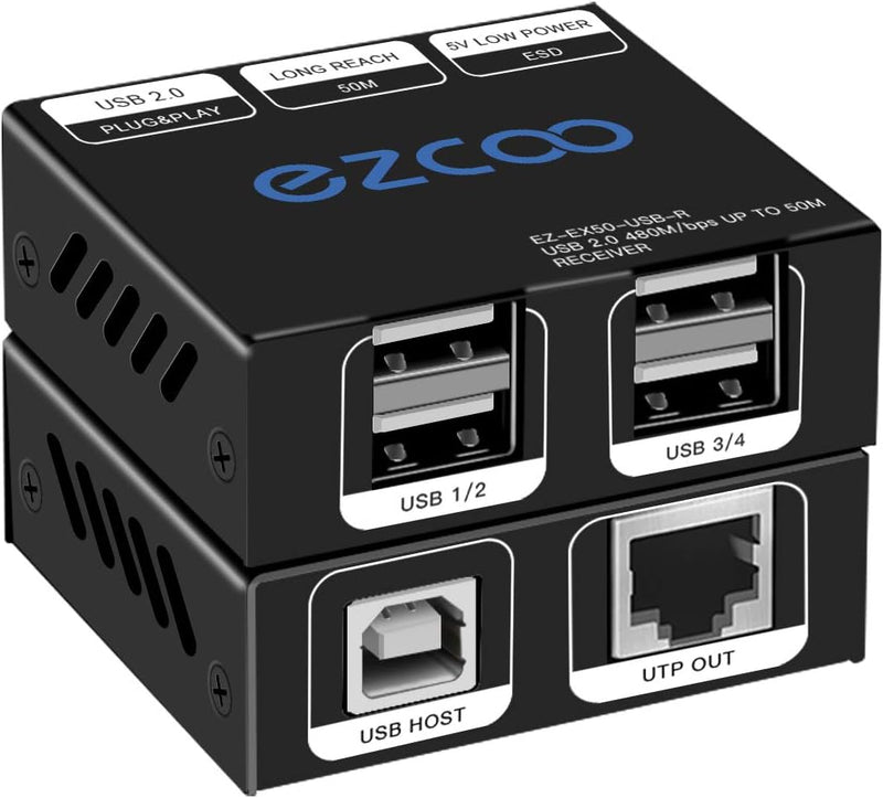 USB Extender 165ft 4-Port USB 2.0 HUB von Ethernet Cat5e Cat6 - USB RJ45 LAN-Erweiterung, Zwei Webca